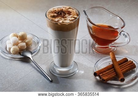 Dalgona Coffee - The Korean Coffee Drink On Wooden Background. Instant Coffee Or Espresso Powder Whi