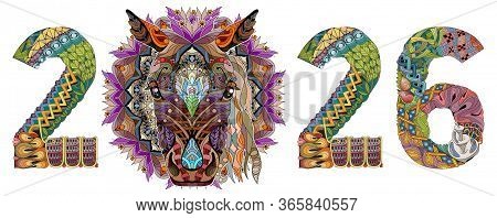 Zentangle Stylized Horse Number 2026. Hand Drawn Lace Vector Illustration