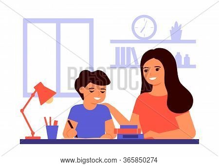 Boy Student Is Sitting At Home And Is Learning Lesson With Help Of Teacher, Mom. Child Is Doing Home