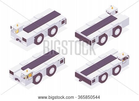 Isometric Airport Tow Truck With Trailer Pusher For Aircraft In Various Foreshortening.
