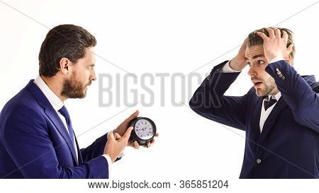 Boss With Serious Face Caught Latecomer On White Background.