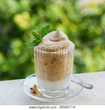 Trendy Dalgona Coffee - Corean, Indian Phenti Hui Drink. Iced Frothy Whipped Ultra Fluffy Texture. V