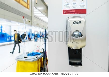 Sanitizer Liquid For Hand Disinfectant Dispenser In City Mall. Covid Pandemic Virus Sanitation Facil