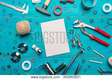 Plumbing Tools And Blank Notebook Mock Up, Top View Flat Lay