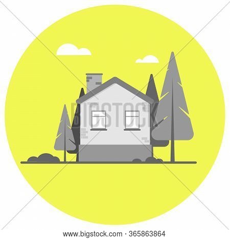 Grey House Isolated On Blue Background, Vector Illustration