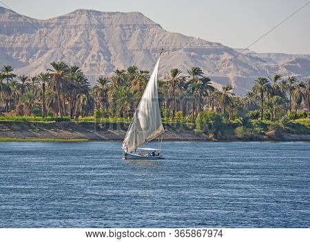 Traditional Egyptian Felluca River Boat Sailing On The Nile With Luxor West Bank In Background
