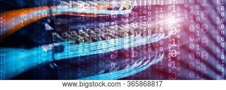 Digital Binare Code On Data Center Background. Technology Panoramic Wallpaper For Your Business.