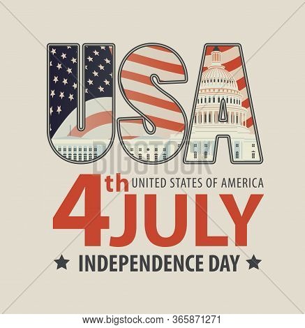 Vector Banner With The Words 4th July, Independence Day And The Letters Usa With The Image Of The Ca