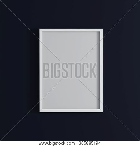 Blank Frame On Dark Blue Wall Mock Up, Vertical Black Poster Frame On Wall,  Picture Frame Isolated