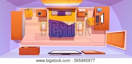 Bedroom Interior Top View. Vector Cartoon Furniture For Sleeping Room, King Size Bed, Tv, Workspace 