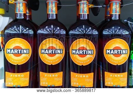 Tyumen, Russia-may 04, 2020: Martini Fiero Bottles Shelf In Three Rows On A Supermarket Stand