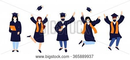 Graduates In Protective Medical Masks Celebrate 2020 Graduation During Coronavirus Quarantine. Boys 