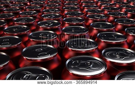 A Collection Of Red Tin Cans At The End Of A Factory Production Line - 3d Render