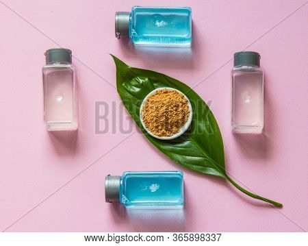 Spa Cosmetics Set. Copyspace For Text. Flatlay On Pink Background.