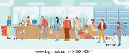 People Wearing Protective Respiratory Medical Mask Queue At Supermarket Cash Desk. Daily Routine, Ev
