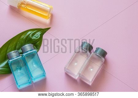 Spa Cosmetics Set. Copyspace For Text. Flatlay On Pink Background.