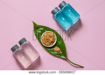 Spa Cosmetics Set. Copyspace For Text. Flatlay On Pink Background.