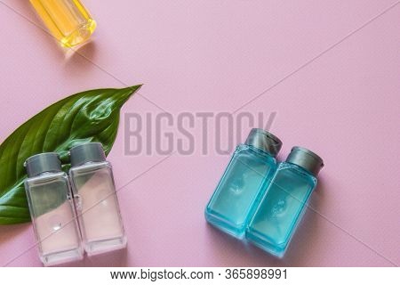 Spa Cosmetics Set. Copyspace For Text. Flatlay On Pink Background.