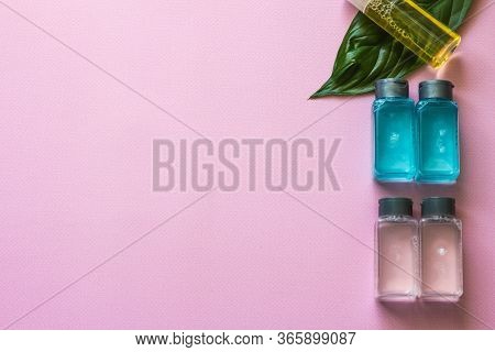 Spa Cosmetics Set. Copyspace For Text. Flatlay On Pink Background.