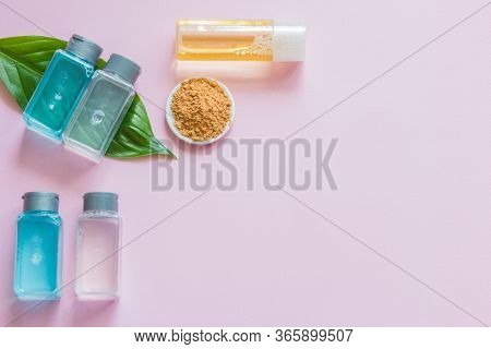 Spa Cosmetics Set. Copyspace For Text. Flatlay On Pink Background.