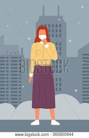 Young Woman Wearing Face Medical Mask Standing At Night City Background. Viral Pandemic. Coronavirus