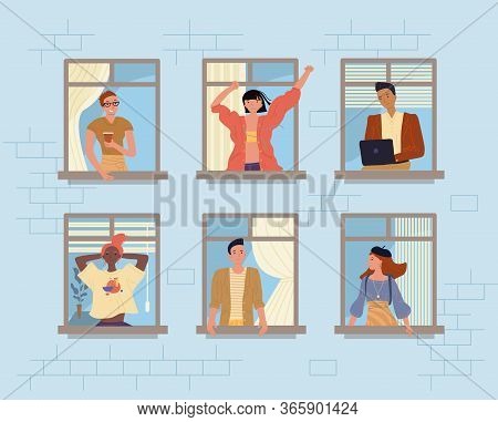 Happy Neighbors And Neighborhood. People In Window. Diverse Multiethnic Man Woman Drinking Coffee, T