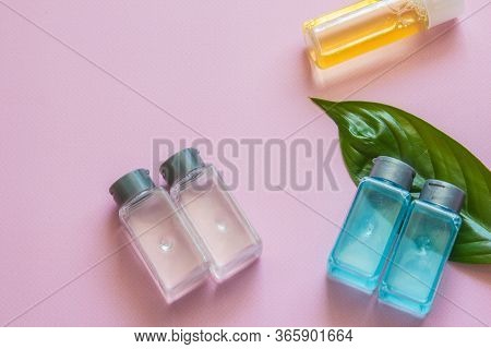 Spa Cosmetics Set. Copyspace For Text. Flatlay On Pink Background.