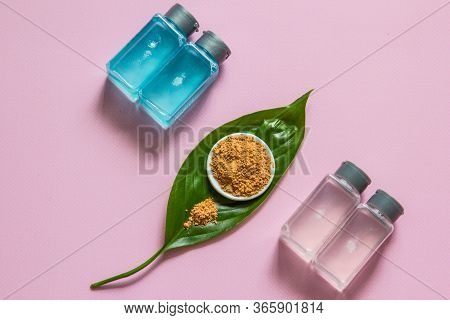 Spa Cosmetics Set. Copyspace For Text. Flatlay On Pink Background.