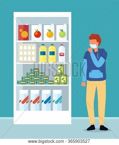 Unhealthy Young Couhging Guy Wearing Face Medical Mask Cough Near Shelves With Food In Supermarket. 