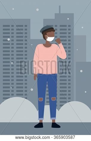 Vector Illustration Of Young Black Afro Man Wearing Face Medical Mask Standing At City Background. V
