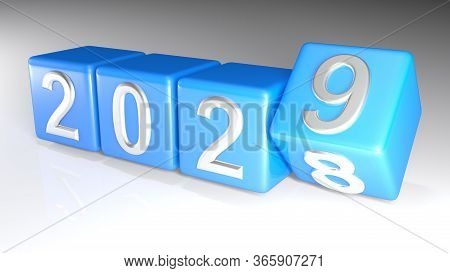 2028 To 2029 Blue Cubes With Turning Number - 3d Rendering Illustration