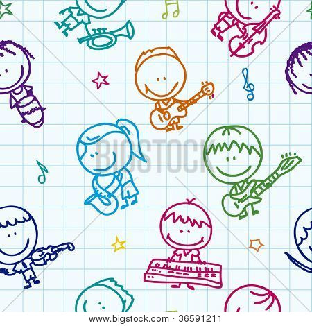 Sfondo doodle senza soluzione di continuità con la band di bambini felici con strumenti musicali sul giornale scolastico