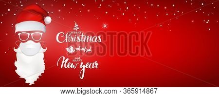 3d Illustration Santa Claus Face With Medical Mask - Hat - Glasses - Beard And Mustache. Merry Chris
