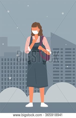 Vector Illustration Of Young Woman With Backpack Wearing Face Medical Mask Standing At City Backgrou