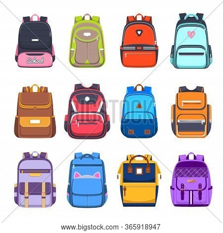School Bags And Backpacks, Handbags And Rucksacks Vector Flat Icons. College And School Boy And Girl