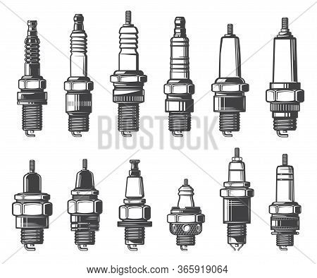 Car Spark Plugs, Isolated Vector Icons Set. Monochrome Car Ignition System And Spark-ignition Engine