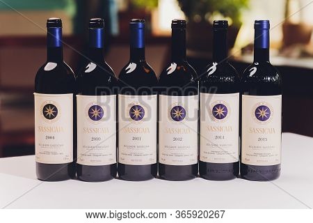 Ufa, Russia, 3 January, 2020: Bolgheri Sassicaia, An Italian Red Wine From Castagneto Carducci.