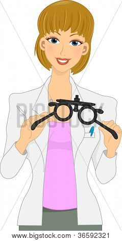 Ilustracja kobiece okulista, przygotowanie do badania w oka