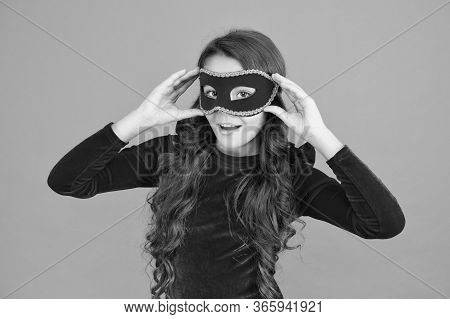 Incognito Mode. Kid Wear Eye Mask. Girl Wear Mask Orange Background. Winter Event And Entertainment.