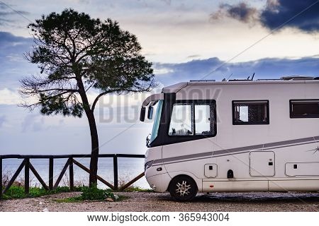 Motor Home On Spanish Coast, Seaside Cliffs Of Maro Cerro Gordo. Costa Del Sol, Andalusia Spain. Vis