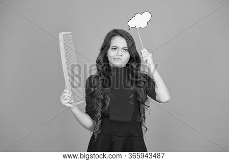 Get Rid Of Annoying Tangles. Girl Long Hair Hold Comb And Speech Bubble. Hairdresser Salon. Combing 