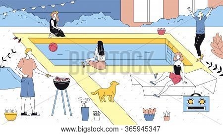 Concept Of Privat Party. Group Of People Enjoying Spending Time Together. People Making Grill, Swimm