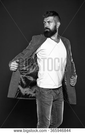 Adding Fashionable Touch. Fashionable Man Grey Background. Fashionable Look Of Vogue Model. Bearded 