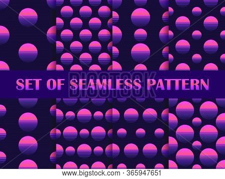 Sun Set Of Seamless Patterns In The Style Of The 80s. The Virtual Reality. Synthwave And Retrowave S