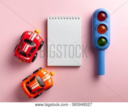 Toy Traffic Light, Cars, Blank Form On A Pink. Art Concept Of Road Traffic, Accidents, Traffic Rules