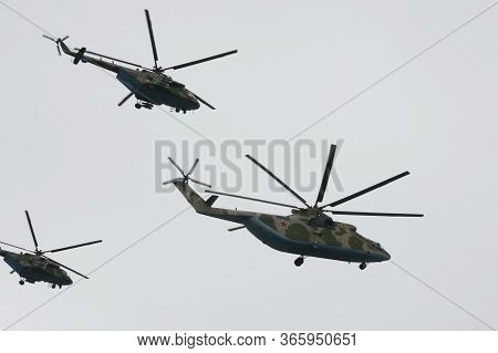 Moscow, Russia - May 9, 2020:mi-26 Military Transport And Mi-8amtsh Multi-purpose Helicopters During