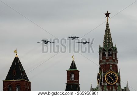 Moscow, Russia - May 9, 2020:il-76md Military Transport Aircraft During The Air Parade In Moscow Ded