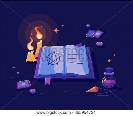 Witch Book With Candles, Tarot Cards And Magic Flask. Blue Dark Gamma. Illustration For Halloween.