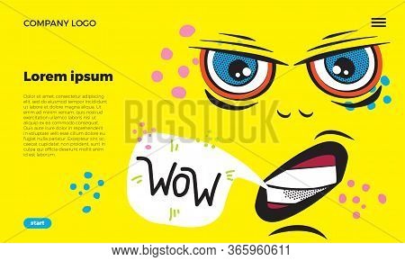 Web Page Template. Funny Emoji Face With Ductile Facial Expressions. With Place For Text In A Bubble