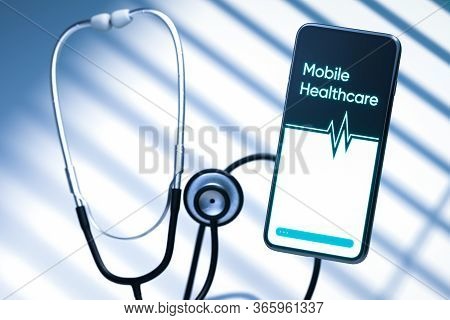 Mobile Phone Connected With Phonendoscope. Concept Of Communication Between Doctor And Patient, Onli